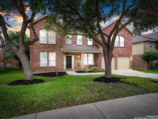627 Midway, San Antonio, TX 78258 - traditional-style house with an attached garage, driveway, central air condition unit, and brick siding