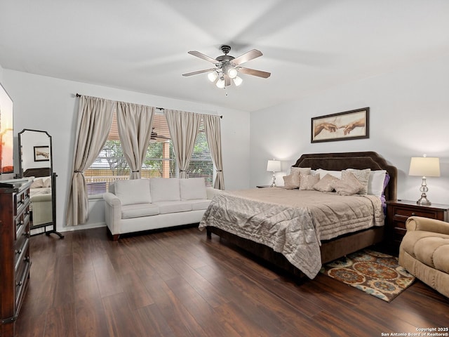 627 Midway, San Antonio, TX 78258 - bedroom with dark wood-style floors and ceiling fan