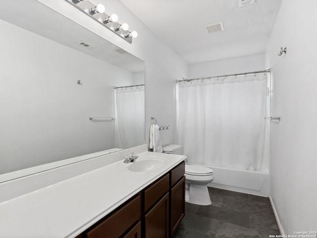 627 Midway, San Antonio, TX 78258 - bathroom featuring vanity, toilet, shower / bath combination with curtain, and baseboards