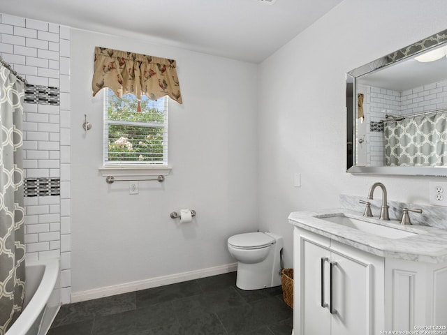 627 Midway, San Antonio, TX 78258 - bathroom with vanity, toilet, tile patterned floors, shower / tub combo with curtain, and baseboards
