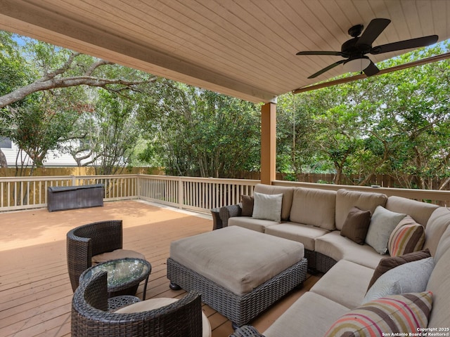 627 Midway, San Antonio, TX 78258 - wooden deck featuring an outdoor living space, ceiling fan, and a fenced backyard