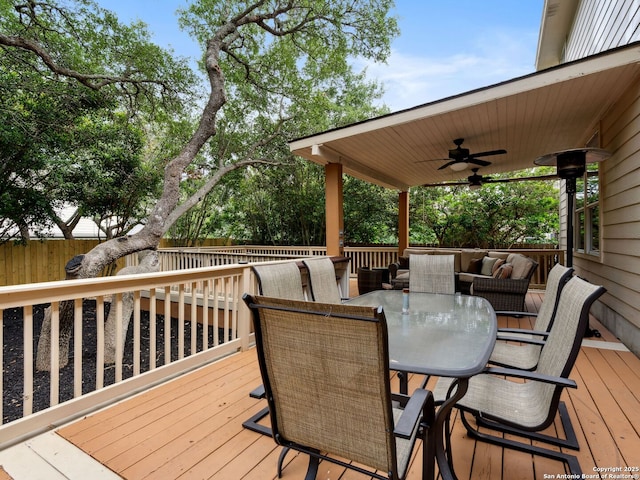 627 Midway, San Antonio, TX 78258 - wooden terrace with a ceiling fan, a fenced backyard, and outdoor dining area