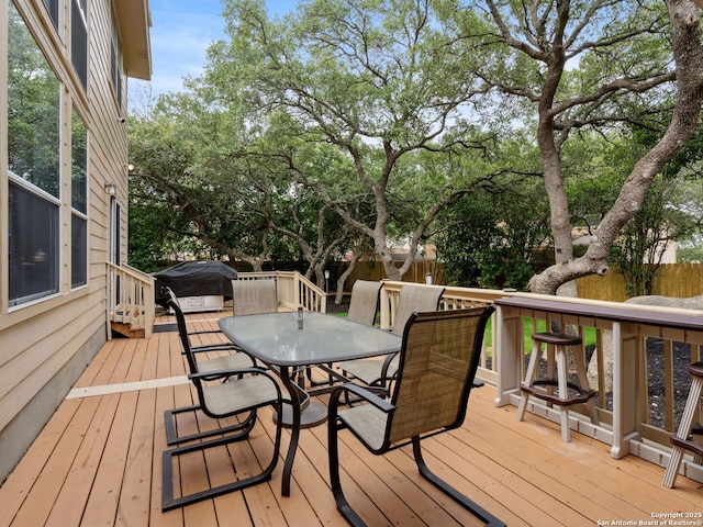 627 Midway, San Antonio, TX 78258 - deck with outdoor dining area, a fenced backyard, and grilling area