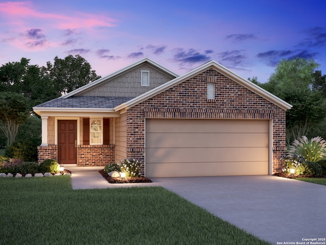 4242 Winston Way, New Braunfels, TX 78130 - ranch-style home with brick siding, driveway, an attached garage, and a yard