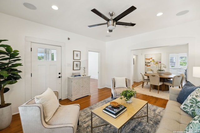 418 Eleanor, San Antonio, TX 78209 - living area featuring wood finished floors, ceiling fan, recessed lighting, and baseboards