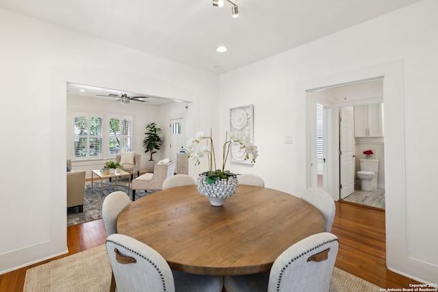 418 Eleanor, San Antonio, TX 78209 - dining room with wood finished floors, a ceiling fan, and recessed lighting