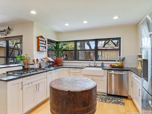 134 Camellia Way, San Antonio, TX 78209 - kitchen featuring stainless steel appliances, a sink, healthy amount of natural light, dark countertops, and recessed lighting