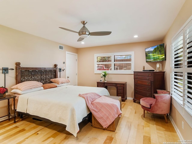 134 Camellia Way, San Antonio, TX 78209 - bedroom with light wood-style flooring, recessed lighting, multiple windows, ceiling fan, and baseboards