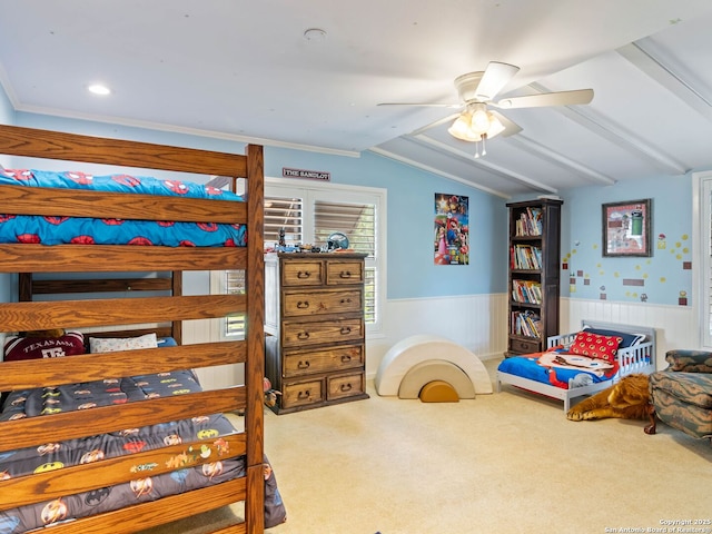 134 Camellia Way, San Antonio, TX 78209 - bedroom with vaulted ceiling, carpet, a wainscoted wall, a ceiling fan, and recessed lighting