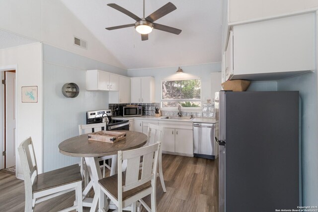 577 Dusty Saddle, Canyon Lake, TX 78133 - kitchen with appliances with stainless steel finishes, ceiling fan, a sink, lofted ceiling, and dark wood-type flooring