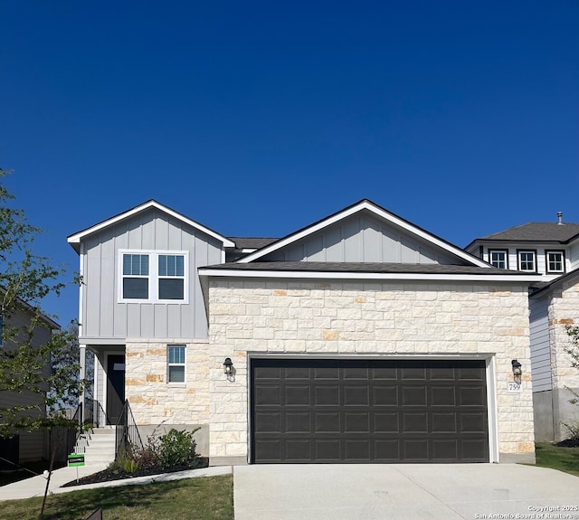 759 Fort Leonard, San Antonio, TX 78245 - view of front of property featuring board and batten siding, stone siding, driveway, and a garage