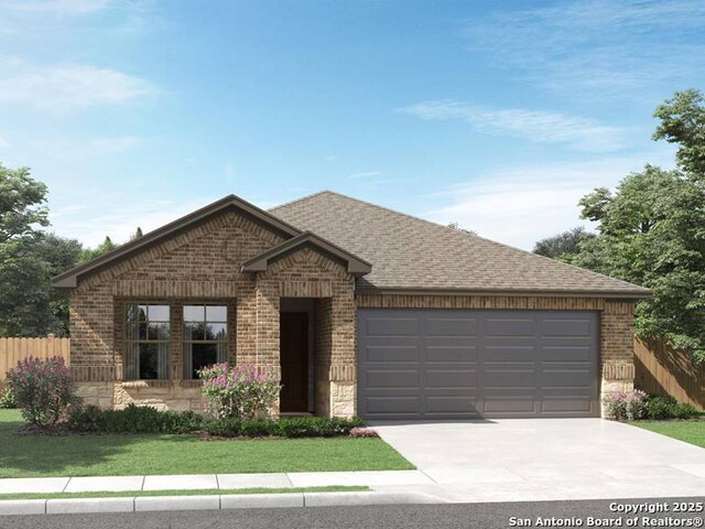 25726 Rosey Way, Boerne, TX 78006 - view of front of home with brick siding, driveway, an attached garage, and roof with shingles