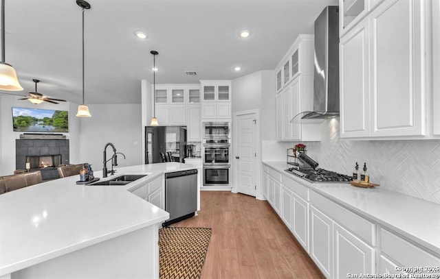 2818 Tortuga Verde, San Antonio, TX 78245 - kitchen with stainless steel appliances, wall chimney range hood, a warm lit fireplace, a ceiling fan, and a sink