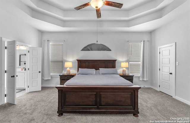 2818 Tortuga Verde, San Antonio, TX 78245 - bedroom featuring carpet, a raised ceiling, baseboards, and ceiling fan