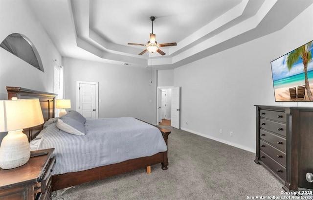2818 Tortuga Verde, San Antonio, TX 78245 - bedroom featuring a tray ceiling, carpet flooring, and ceiling fan
