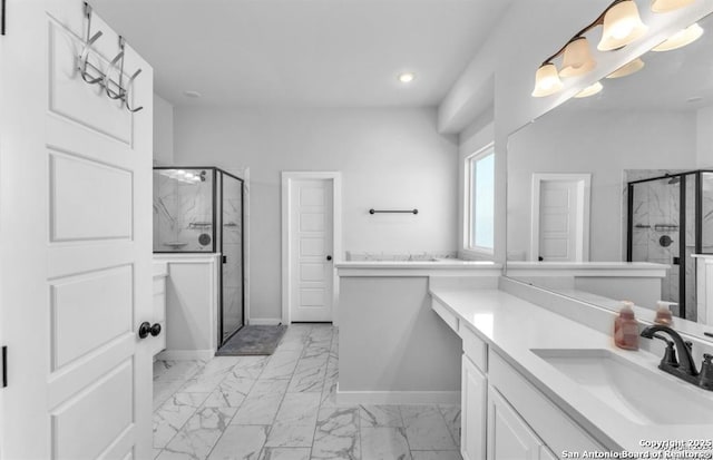 2818 Tortuga Verde, San Antonio, TX 78245 - full bathroom with marble finish floors, vanity, a shower stall, recessed lighting, and baseboards