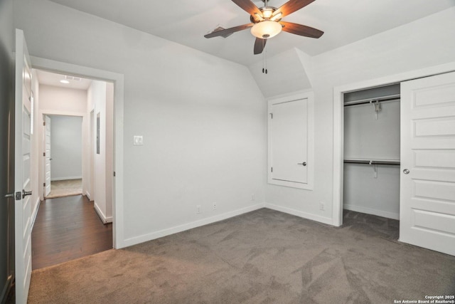 1130 N Olive St, San Antonio, TX 78202 - unfurnished bedroom featuring carpet floors, baseboards, a closet, lofted ceiling, and ceiling fan