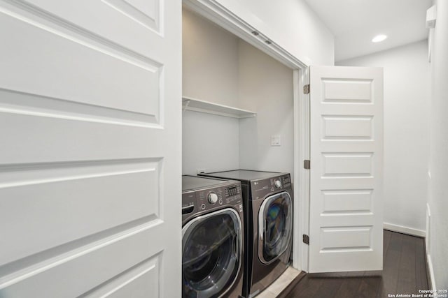 1130 N Olive St, San Antonio, TX 78202 - laundry room with dark wood-style floors, separate washer and dryer, and recessed lighting