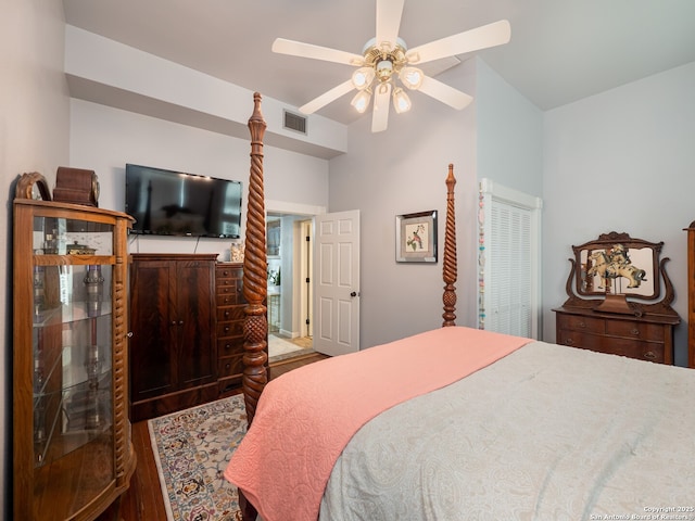 2275 Huber Rd, Seguin, TX 78155 - bedroom with wood finished floors, lofted ceiling, and a ceiling fan