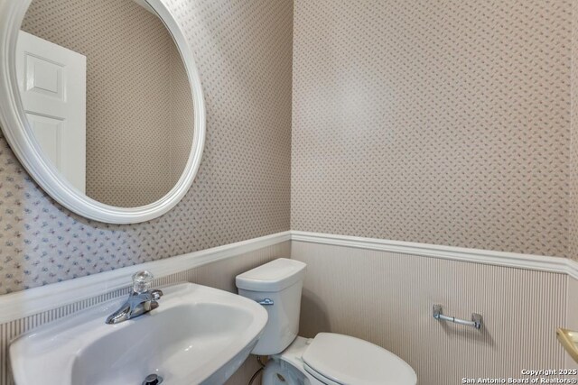 2614 Inwood Vw, San Antonio, TX 78248 - half bath with wallpapered walls, a sink, wainscoting, and toilet