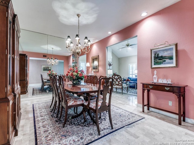 11607 Elm Rdg, San Antonio, TX 78230 - dining area featuring a chandelier, a ceiling fan, recessed lighting, and light wood-style flooring