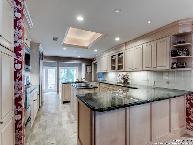11607 Elm Rdg, San Antonio, TX 78230 - kitchen with a peninsula, open shelves, decorative backsplash, a raised ceiling, and recessed lighting