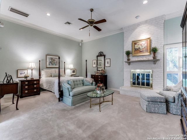 11607 Elm Rdg, San Antonio, TX 78230 - bedroom featuring carpet floors, a fireplace, crown molding, and recessed lighting