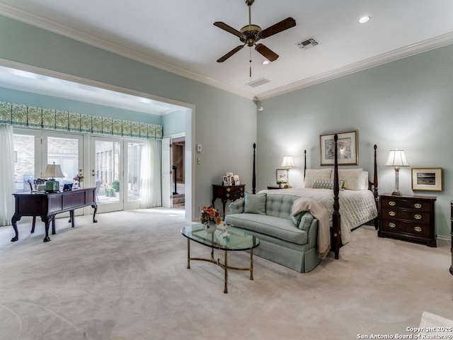 11607 Elm Rdg, San Antonio, TX 78230 - bedroom featuring light colored carpet, access to outside, crown molding, baseboards, and a ceiling fan