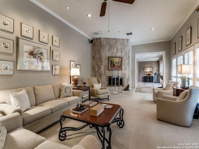 11607 Elm Rdg, San Antonio, TX 78230 - carpeted living area with crown molding, ceiling fan, recessed lighting, and a fireplace