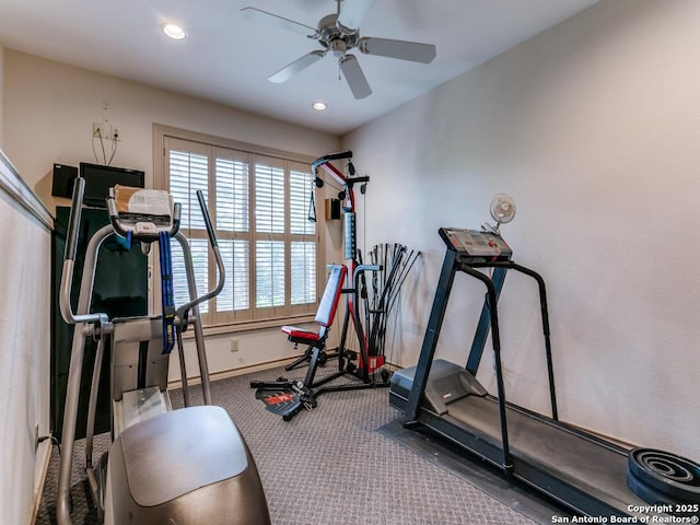 11607 Elm Rdg, San Antonio, TX 78230 - workout room with carpet, baseboards, ceiling fan, and recessed lighting