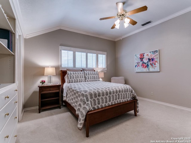 11607 Elm Rdg, San Antonio, TX 78230 - bedroom featuring light colored carpet, baseboards, ornamental molding, ceiling fan, and vaulted ceiling