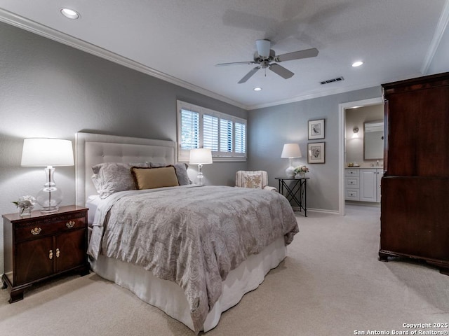 11607 Elm Rdg, San Antonio, TX 78230 - bedroom featuring ornamental molding, light colored carpet, recessed lighting, baseboards, and ceiling fan