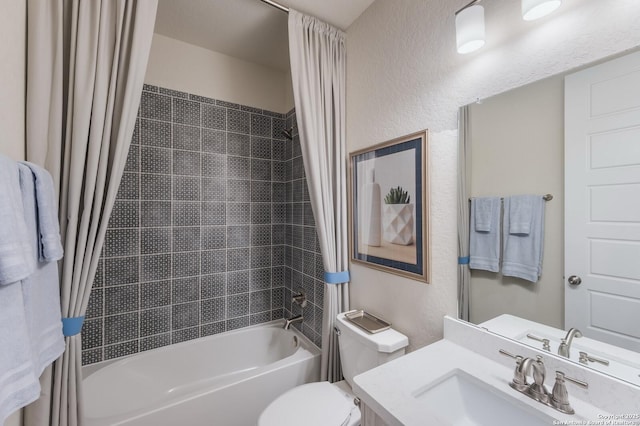 379 Borchers Blvd, New Braunfels, TX 78132 - full bathroom featuring shower / tub combo with curtain, vanity, a textured wall, and toilet