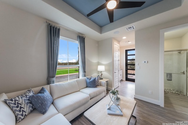 379 Borchers Blvd, New Braunfels, TX 78132 - living area with wood finished floors, baseboards, a ceiling fan, a raised ceiling, and recessed lighting