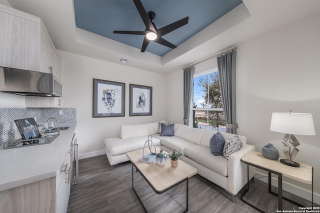 379 Borchers Blvd, New Braunfels, TX 78132 - living room featuring a tray ceiling, ceiling fan, baseboards, and dark wood-style floors