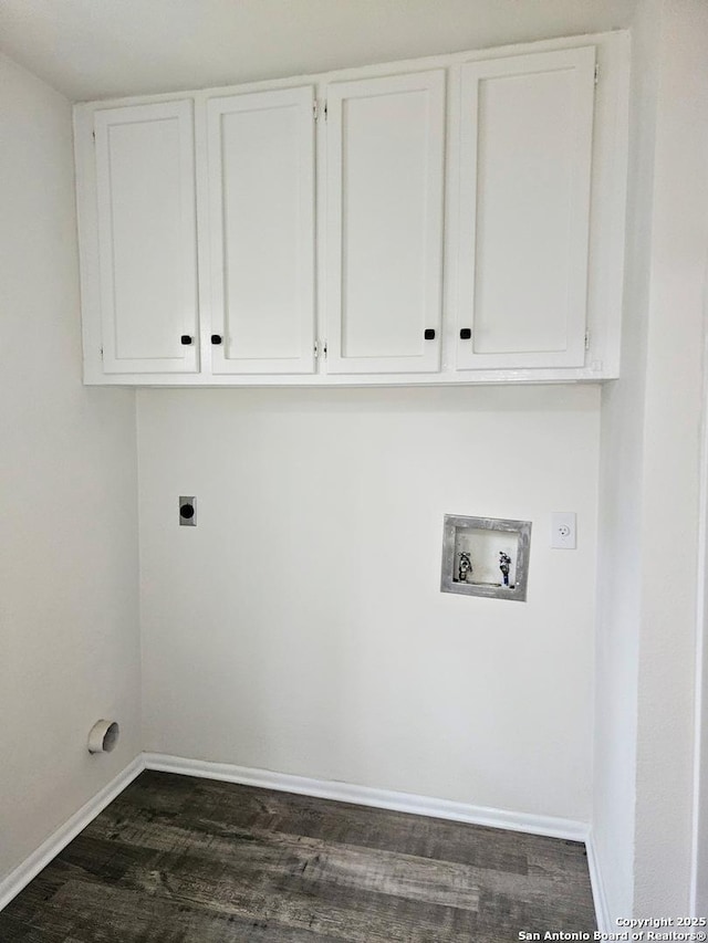 6606 Lake Gln, San Antonio, TX 78244 - laundry area with cabinet space, electric dryer hookup, dark wood-style floors, washer hookup, and baseboards