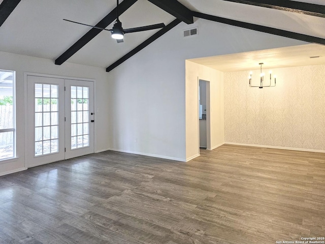 6606 Lake Gln, San Antonio, TX 78244 - unfurnished living room featuring wood finished floors, baseboards, a chandelier, and ceiling fan