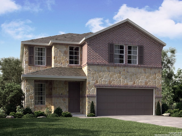 14430 Walker Bnd, San Antonio, TX 78253 - view of front facade with stone siding, a garage, concrete driveway, and a front lawn
