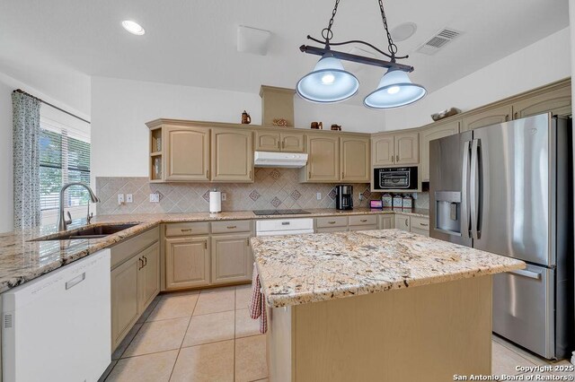 1804 Athens Ave, Kerrville, TX 78028 - kitchen with black appliances, under cabinet range hood, a sink, open shelves, and light stone countertops
