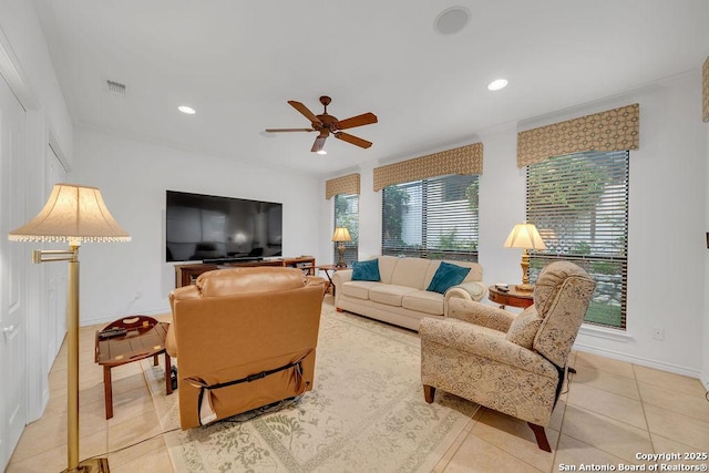 1804 Athens Ave, Kerrville, TX 78028 - living area featuring ceiling fan, baseboards, light tile patterned floors, and recessed lighting