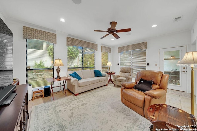 1804 Athens Ave, Kerrville, TX 78028 - living area with tile patterned floors, a ceiling fan, ornamental molding, and recessed lighting