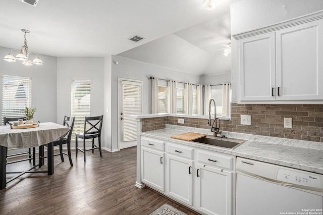 7027 Heathers Way, San Antonio, TX 78227 - kitchen with white dishwasher, a sink, backsplash, dark wood-style floors, and ceiling fan