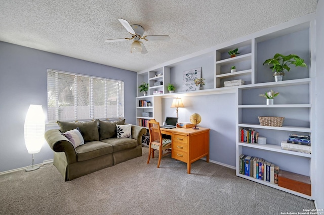 3734 Colter, San Antonio, TX 78247 - carpeted home office with ceiling fan, a textured ceiling, and built in shelves