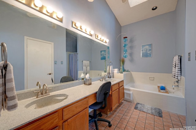 3734 Colter, San Antonio, TX 78247 - full bathroom featuring double vanity, a bath, tile patterned flooring, lofted ceiling, and a shower with shower curtain