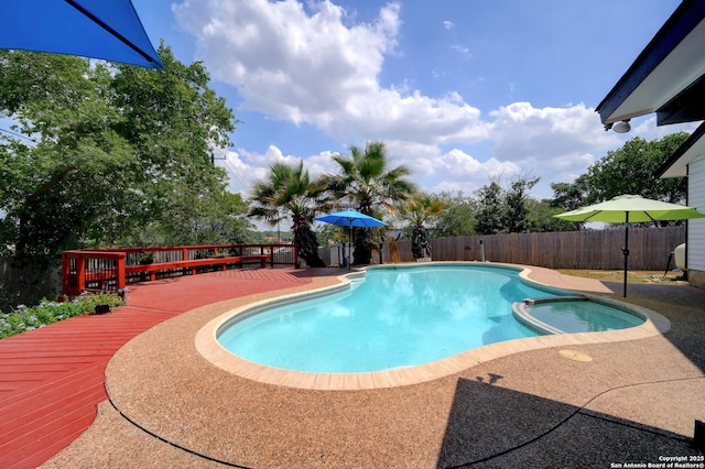 3734 Colter, San Antonio, TX 78247 - view of pool with a fenced backyard, a pool with connected hot tub, and a deck