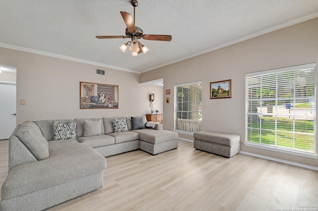 3734 Colter, San Antonio, TX 78247 - living room with a textured ceiling, light wood-style flooring, ornamental molding, ceiling fan, and baseboards