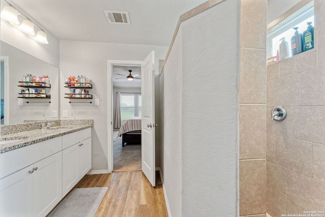2946 Daisy Mdw, New Braunfels, TX 78130 - bathroom with wood finished floors, vanity, ensuite bathroom, ceiling fan, and tiled shower