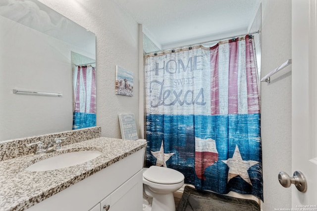 2946 Daisy Mdw, New Braunfels, TX 78130 - full bath featuring vanity, toilet, a textured wall, and a shower with curtain