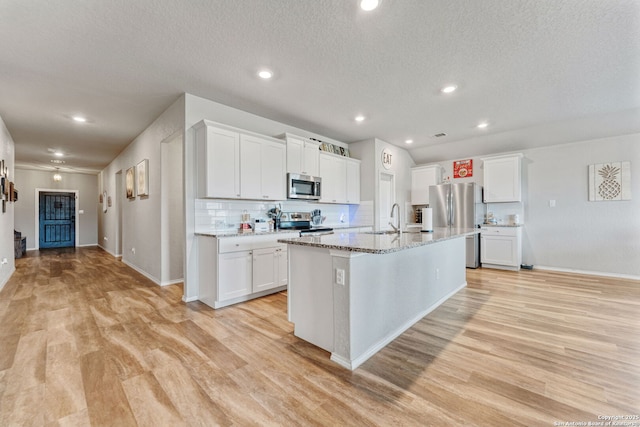 2946 Daisy Mdw, New Braunfels, TX 78130 - kitchen with stainless steel appliances, light wood-style flooring, baseboards, a textured ceiling, and recessed lighting