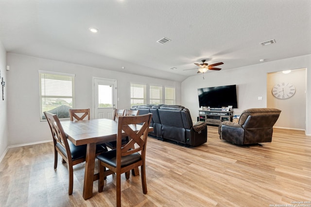 2946 Daisy Mdw, New Braunfels, TX 78130 - dining area with ceiling fan, light wood-type flooring, plenty of natural light, baseboards, and a textured ceiling